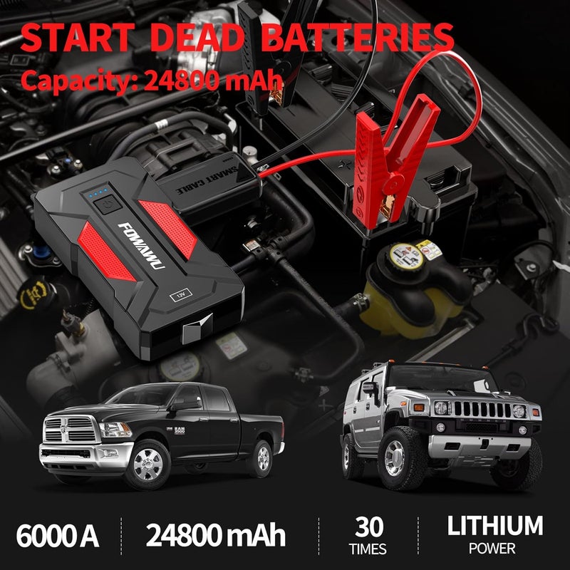 فواوو جهاز تشغيل السيارة FOWAWU 6000A 24800mAh (للمحركات البنزين 9.0 لتر والديزل 7.0 لتر)، جهاز تشغيل بطارية السيارة 12 فولت، جهاز تشغيل بطارية محمول مع USB/ضوء LED - Image 2