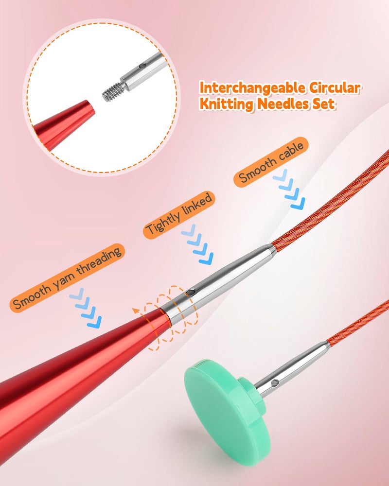 Aeelike Interchangeable Knitting Needle Set with Circular Cable for Crafters, 13 Circular Knitting Needles with 4 Cable, 3-10 mm Aluminum Knitting Needles for Beginner, DIY Crafts, Red Needle Set - Image 2