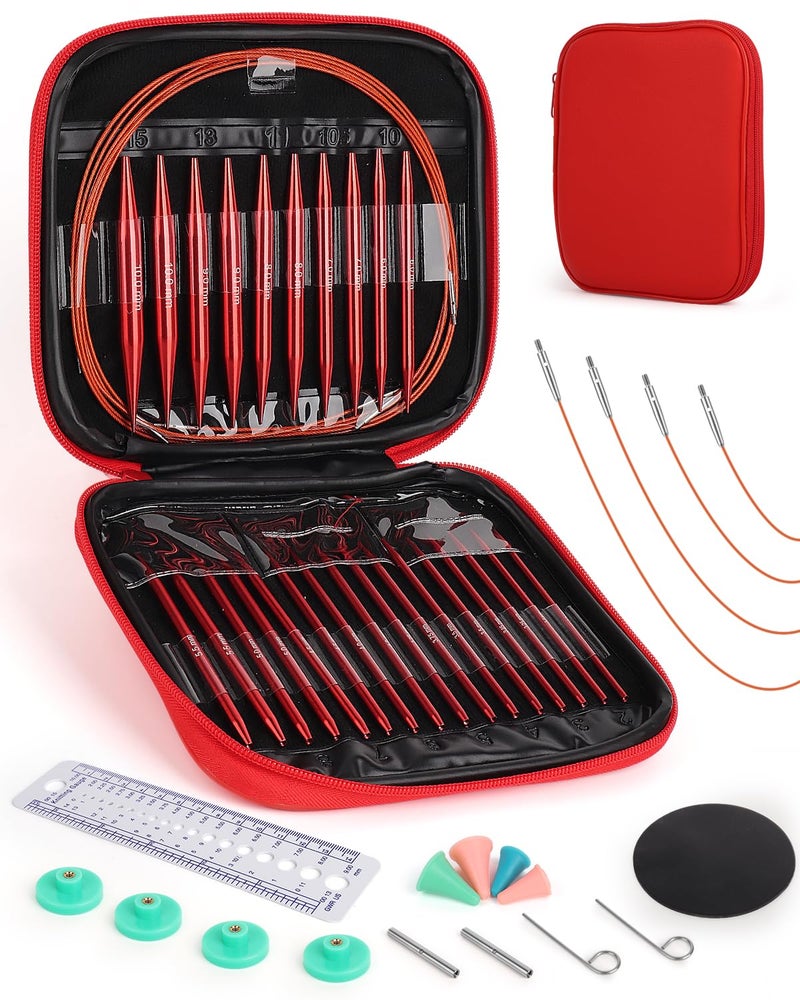 Aeelike Interchangeable Knitting Needle Set with Circular Cable for Crafters, 13 Circular Knitting Needles with 4 Cable, 3-10 mm Aluminum Knitting Needles for Beginner, DIY Crafts, Red Needle Set - Image 1
