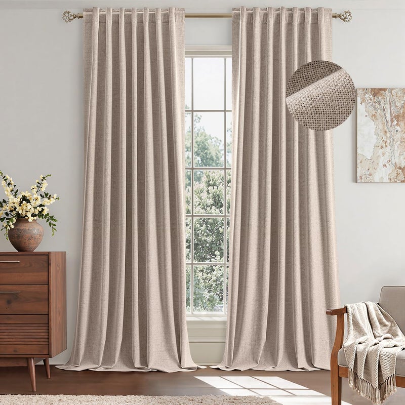 EMEMA ستائر إيما الكتانية المعتمة بنسبة 100%، طول 84 بوصة، قطعتان، لغرفة النوم، ستائر عازلة للحرارة، ديكور فاخر لغرفة المعيشة وغرفة الأطفال، 42 × 84 بوصة، بيج. - Image 1