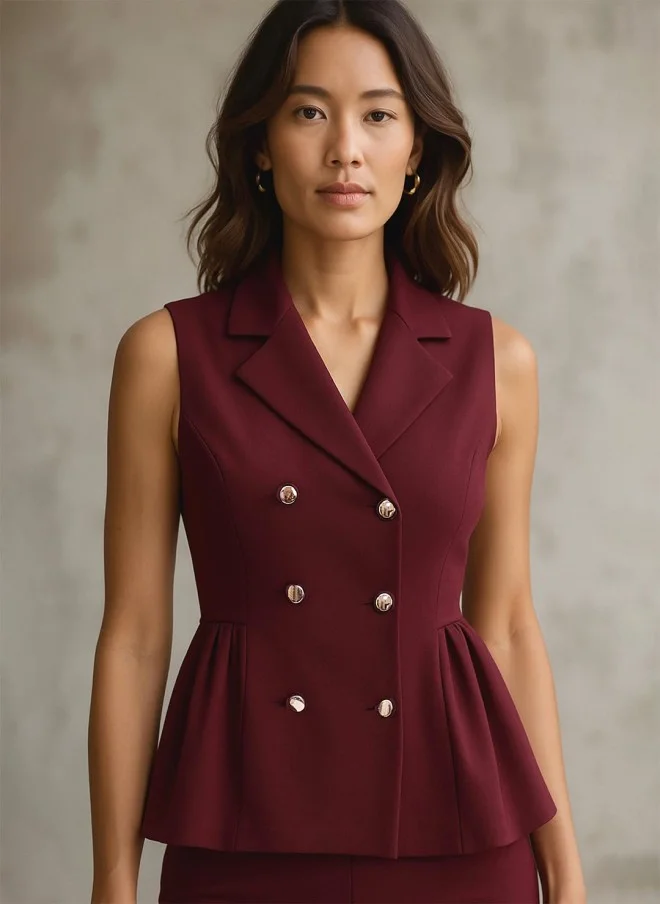 ساسافراس Burgundy Sleeveless Shirt Collar Top for Women