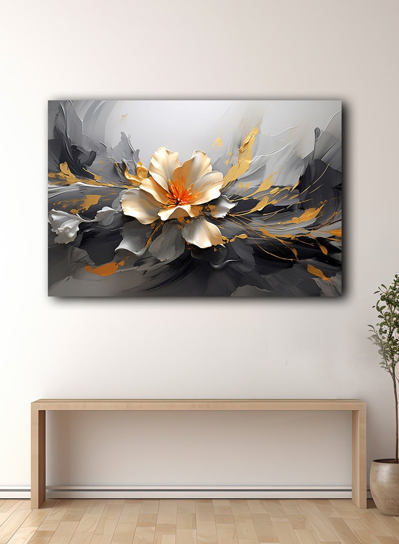 لوحة كانفاس على إطار خشبي بتصميم فن تجريدي زيتي لزهرة ذهبية - Image 1
