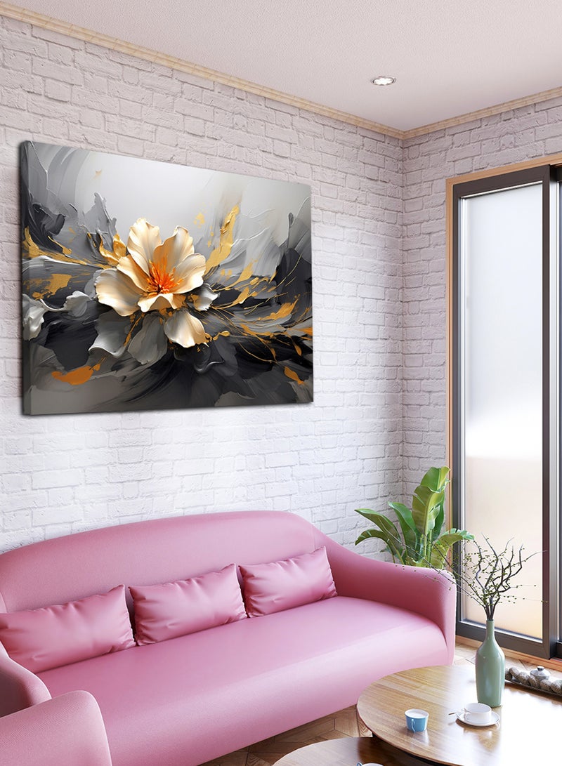 لوحة كانفاس على إطار خشبي بتصميم فن تجريدي زيتي لزهرة ذهبية - Image 2
