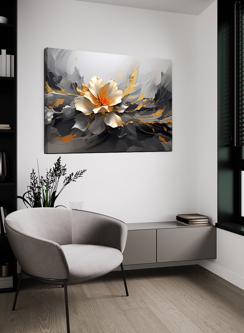 لوحة كانفاس على إطار خشبي بتصميم فن تجريدي زيتي لزهرة ذهبية - Image 3