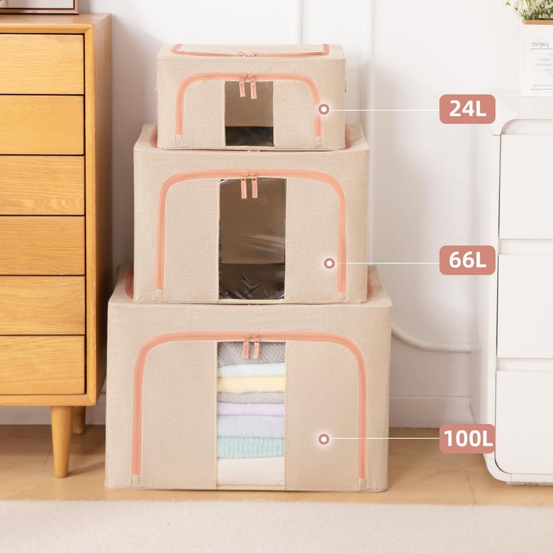3 Pack Large Capacity Clothes Storage Bags - Stackable Organizer with Zipper, Handles, and Clear Window (Beige) - Image 4