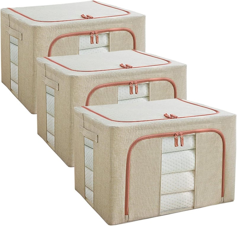 3 Pack Large Capacity Clothes Storage Bags - Stackable Organizer with Zipper, Handles, and Clear Window (Beige) - Image 1