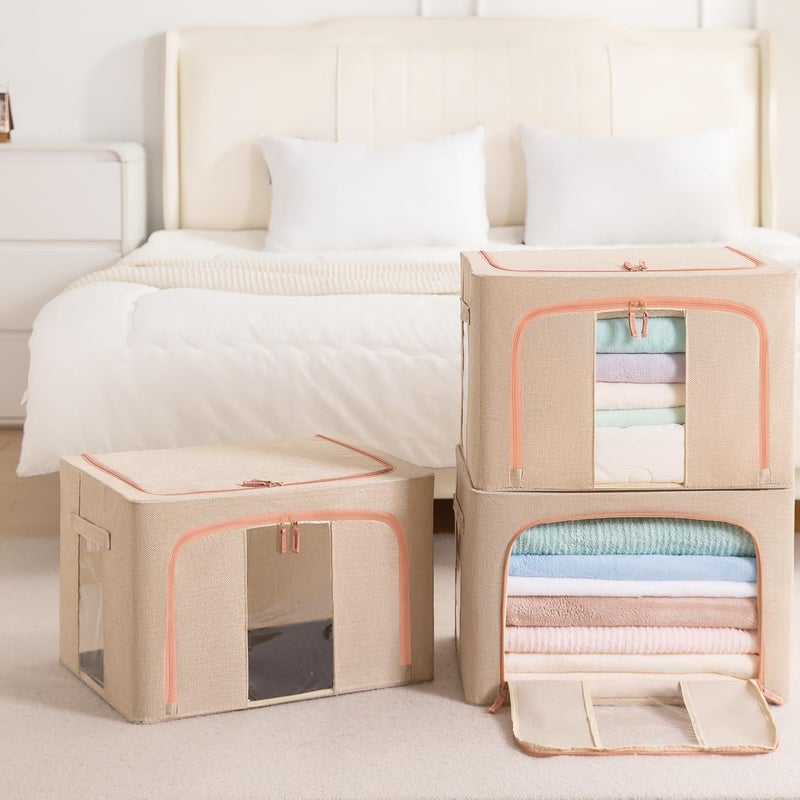 3 Pack Large Capacity Clothes Storage Bags - Stackable Organizer with Zipper, Handles, and Clear Window (Beige) - Image 2