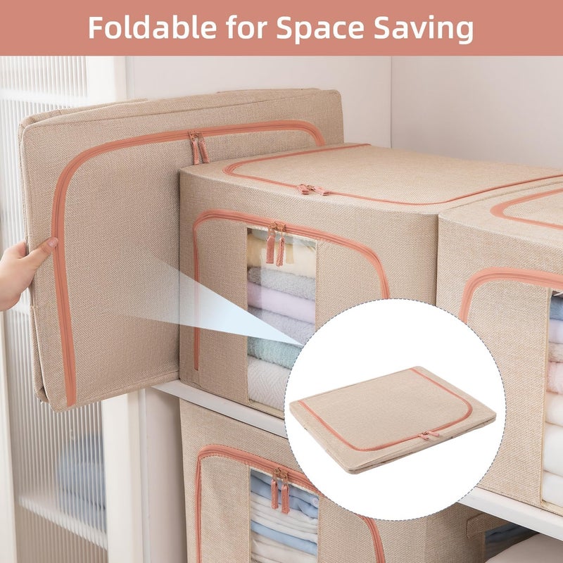 3 Pack Large Capacity Clothes Storage Bags - Stackable Organizer with Zipper, Handles, and Clear Window (Beige) - Image 5