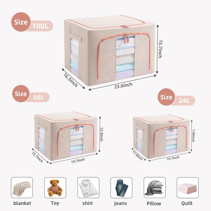 3 Pack Large Capacity Clothes Storage Bags - Stackable Organizer with Zipper, Handles, and Clear Window (Beige) - Image 3