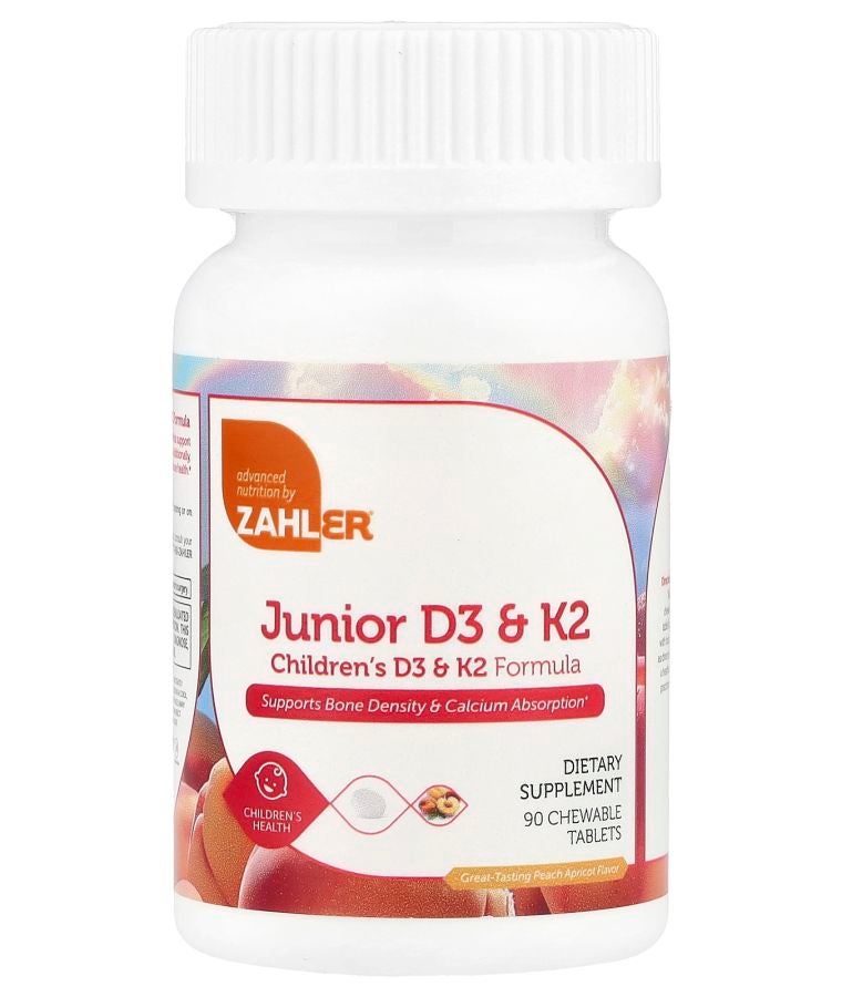 أقراص جونيور D3 و K2 بنكهة الخوخ والمشمش 90 قابلة للمضغ
