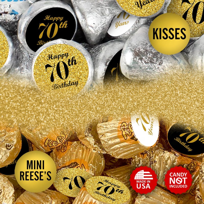 RokAPary 70th Birthday Kisses Stickers, (Set of 324) Chocolate Drops Labels for 70th Birthday, Party Favors Decor for Kisses. Made in USA, 9 Designs (36 Stickers of Each) - Image 4