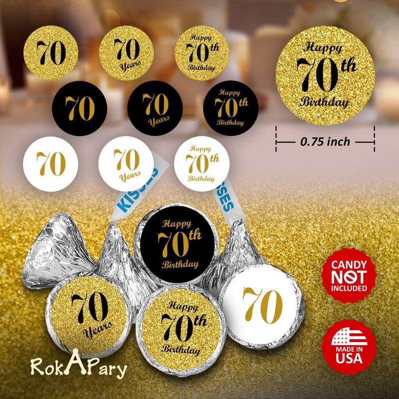 RokAPary 70th Birthday Kisses Stickers, (Set of 324) Chocolate Drops Labels for 70th Birthday, Party Favors Decor for Kisses. Made in USA, 9 Designs (36 Stickers of Each) - Image 3