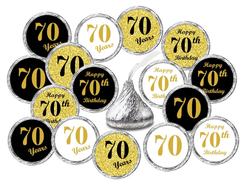 RokAPary 70th Birthday Kisses Stickers, (Set of 324) Chocolate Drops Labels for 70th Birthday, Party Favors Decor for Kisses. Made in USA, 9 Designs (36 Stickers of Each) - Image 1