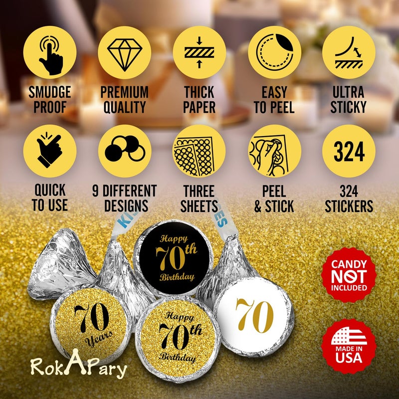 RokAPary 70th Birthday Kisses Stickers, (Set of 324) Chocolate Drops Labels for 70th Birthday, Party Favors Decor for Kisses. Made in USA, 9 Designs (36 Stickers of Each) - Image 2