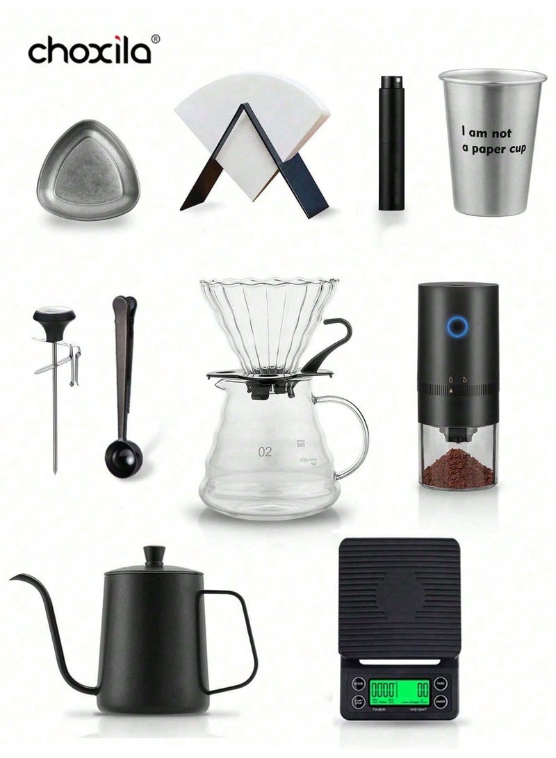 choxila 12pcs/set VO2 Coffee Set,Pour-Over Coffee Set, Hand-Drip Coffee Accessory Set. Includes an electric coffee grinder, 600ml coffee kettle, 600ml coffee pot, coffee filter, paper filters, filter storage holder, and other coffee accessories. The perfect gift for family, loved ones, and coffee lovers. Ideal for afternoon tea, family gatherings, the office, cafes, and camping. - Image 1