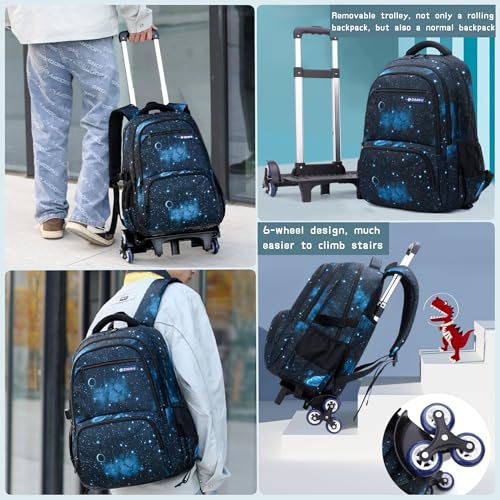 Bansusu 3Pcs Black Galaxy Boys Rolling Backpack Set with Insulated Lunch Bag, Multi-Pocket Trolley Elementary Bookbags School Bags on 6 Wheels - Image 5