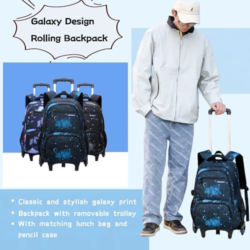 Bansusu 3Pcs Black Galaxy Boys Rolling Backpack Set with Insulated Lunch Bag, Multi-Pocket Trolley Elementary Bookbags School Bags on 6 Wheels - Image 2