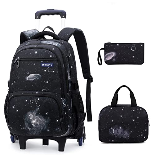 Bansusu 3Pcs Black Galaxy Boys Rolling Backpack Set with Insulated Lunch Bag, Multi-Pocket Trolley Elementary Bookbags School Bags on 6 Wheels - Image 1