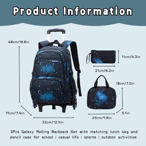 Bansusu 3Pcs Black Galaxy Boys Rolling Backpack Set with Insulated Lunch Bag, Multi-Pocket Trolley Elementary Bookbags School Bags on 6 Wheels - Image 3