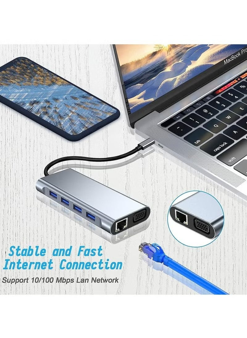 USB C HUB, USB C Adapter 11 in 1 Dongle with 4K HDMI, VGA, Type C PD, USB3.0, RJ45 Ethernet, SD/TF Card Reader, 3.5mm AUX, Docking Station Compatible with MacBook Pro/Air, Other Type C Laptops Devices