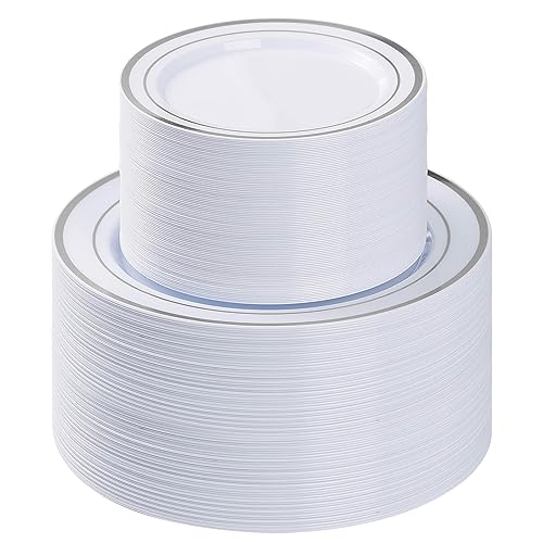 BESTVIP 200PCS Silver Plastic Plate Disposable Party Plates with 100 Dinner Plates and 100 Dessert Plates Plastic Plates for Party Wedding and Birthday