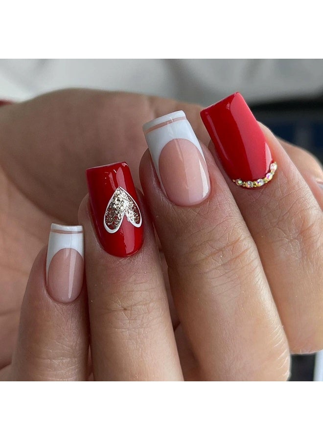 Goolsky Premium Short Press-on Nails with Red White Heart French Design for Sweet Romance