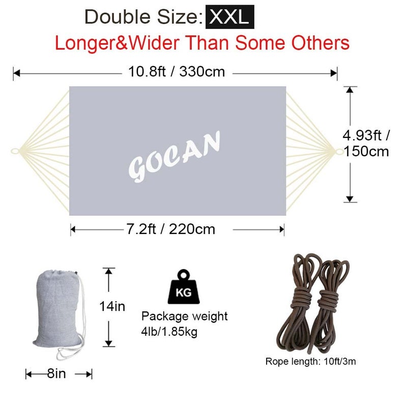GOCAN Brazilian Double Hammock 2 Person Extra Large 330X150cm Load Capacity 600Pound Canvas Cotton Hammock for Patio Porch Garden Backyard Lounging Outdoor and Indoor XXL(Grey) - Image 3