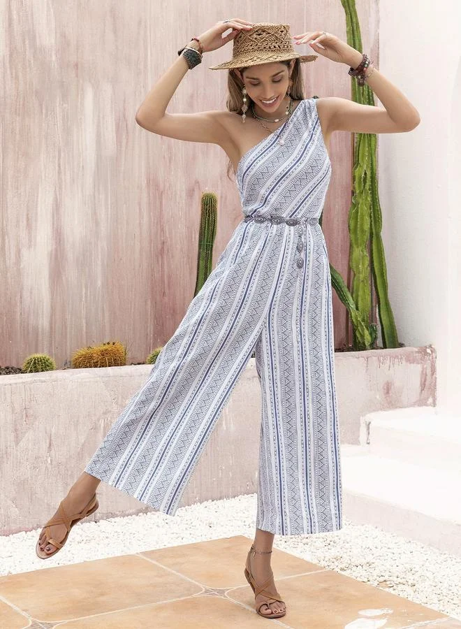 Take Two Take Two All Over Print One Shoulder Wide Leg Jumpsuit