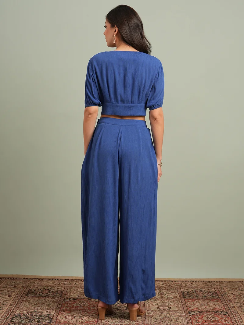 globus Women Blue V-Neck Self Design Button Detail Crop Top with Wide Leg Trousers Co-Ord Set