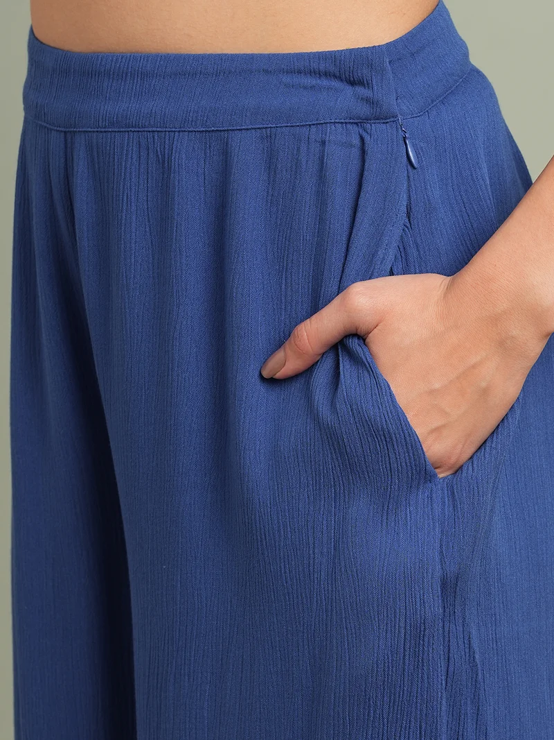 globus Women Blue V-Neck Self Design Button Detail Crop Top with Wide Leg Trousers Co-Ord Set