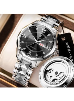 FOURRON Skeleton Automatic Look Mens Watch Black silver steel belt butterfly buckle