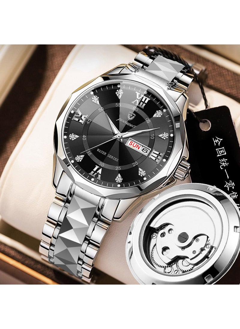 Generic - FOURRON Skeleton Automatic Look Mens Watch Black silver steel belt butterfly buckle - Image 1