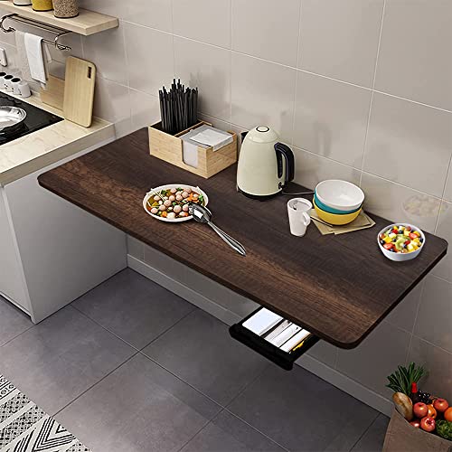 QARA [16 x 40 inches Solid Wooden Wall Mounted Folding Table| Wall Mount Table with Drawer | Foldable Table with Round Corner| Study Table for Home & Office|Dark Oak - Image 1