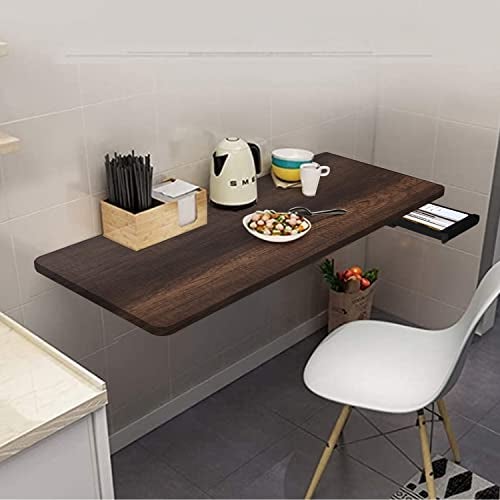 QARA [16 x 40 inches Solid Wooden Wall Mounted Folding Table| Wall Mount Table with Drawer | Foldable Table with Round Corner| Study Table for Home & Office|Dark Oak - Image 4