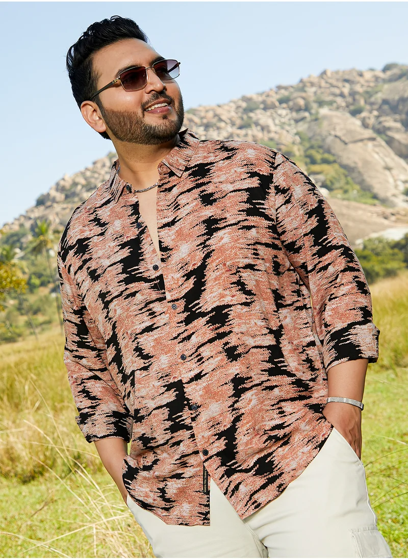 انستافاب بلس Instafab Plus Men's Brown & Black Contrast-Scuff Shirt For Casual Wear | Spread Collar | Long Cuffed Sleeves | Button Closure | Plus Size Shirt Crafted With Comfort Fit For Everyday Wear