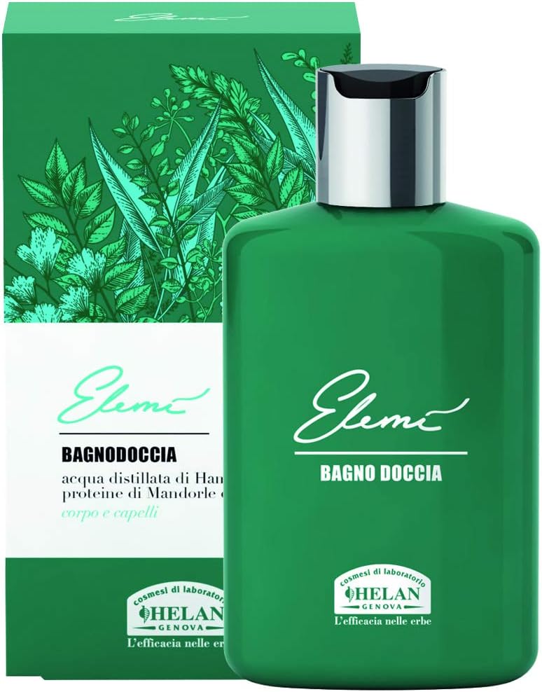 Helan Elemi Gentle Shower Gel Shampoo for Body Hair with Sweet Almond Proteins Astringent Purifying Action Scented Hair Body Wash to Preserve Skin Scalp Integrity Made in Italy 200ml