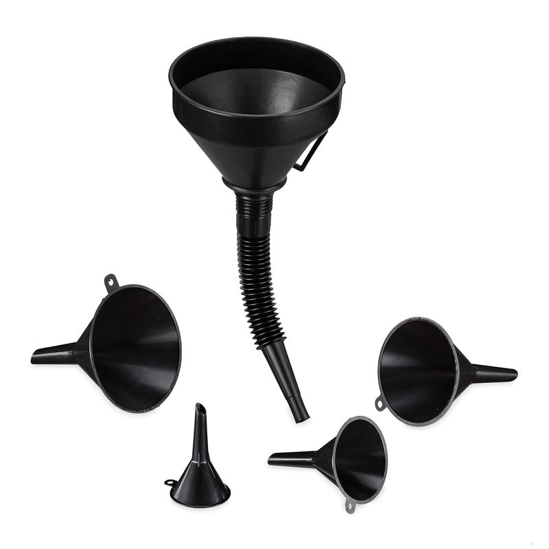 Relaxdays 10032592 Funnel Set, 5 Sizes, Universal Funnel with Hose and Strainer, Oil Funnel and Kitchen Funnel, Black - Image 1