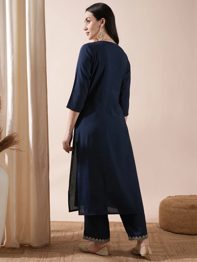 globus Women Blue Floral Yoke Design Sequinned Straight Kurta With Trousers