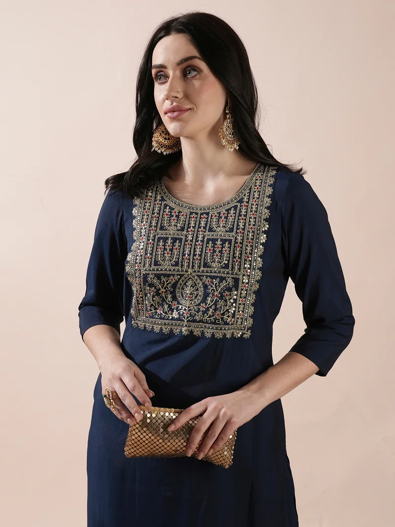 globus Women Blue Floral Yoke Design Sequinned Straight Kurta With Trousers