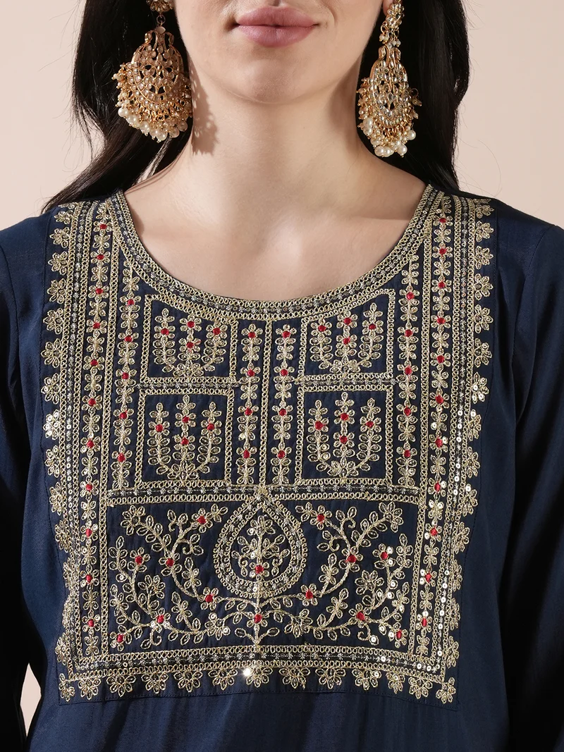 globus Women Blue Floral Yoke Design Sequinned Straight Kurta With Trousers