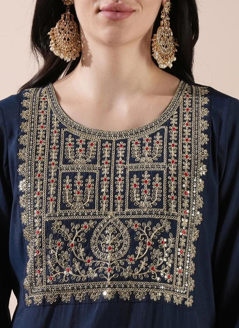 globus Globus Women Blue Floral Yoke Design Sequinned Straight Kurta With Trousers Festive Set