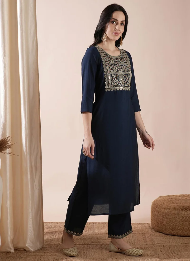 globus Globus Women Blue Floral Yoke Design Sequinned Straight Kurta With Trousers Festive Set