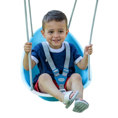Swurfer Coconut Your Childs First Swing with Blister Free Rope and 3Point Safety Harness Indoor and Outdoor Swing for Babies and Toddlers Ages 9 Months Up to 50 lbs Blue - Image 1
