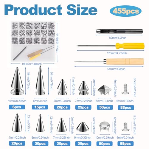 Craluuur 455PCS Punk Spikes and Studs Kit for Clothing, 12 Sizes Premium Metal Cone Spikes, Square Pyramid Studs & Round Dome Rivets for Leathercraft and Punk Style DIY Craft Decoration - Image 2