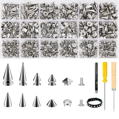Craluuur 455PCS Punk Spikes and Studs Kit for Clothing, 12 Sizes Premium Metal Cone Spikes, Square Pyramid Studs & Round Dome Rivets for Leathercraft and Punk Style DIY Craft Decoration - Image 1