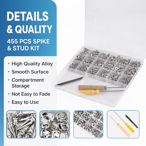 Craluuur 455PCS Punk Spikes and Studs Kit for Clothing, 12 Sizes Premium Metal Cone Spikes, Square Pyramid Studs & Round Dome Rivets for Leathercraft and Punk Style DIY Craft Decoration - Image 3