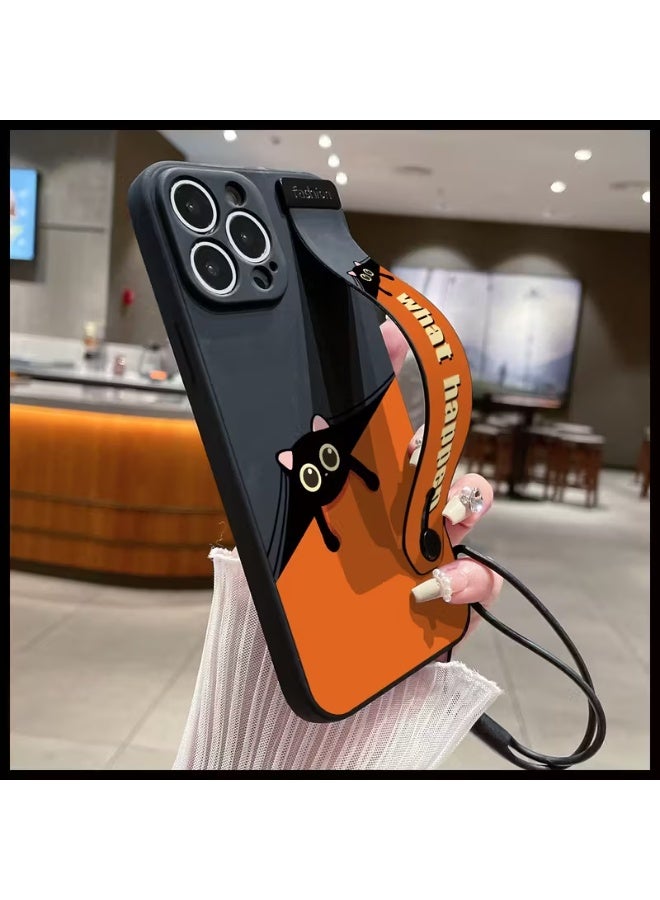 Temu A durable silicone phone case with a cute black cat design and a wrist strap for easy browsing. This case combines protection and a comfortable fit, making it suitable for iPhones and offering shock and scratch resistance. Compatible with iPhone 15 Pro Max. - Image 1