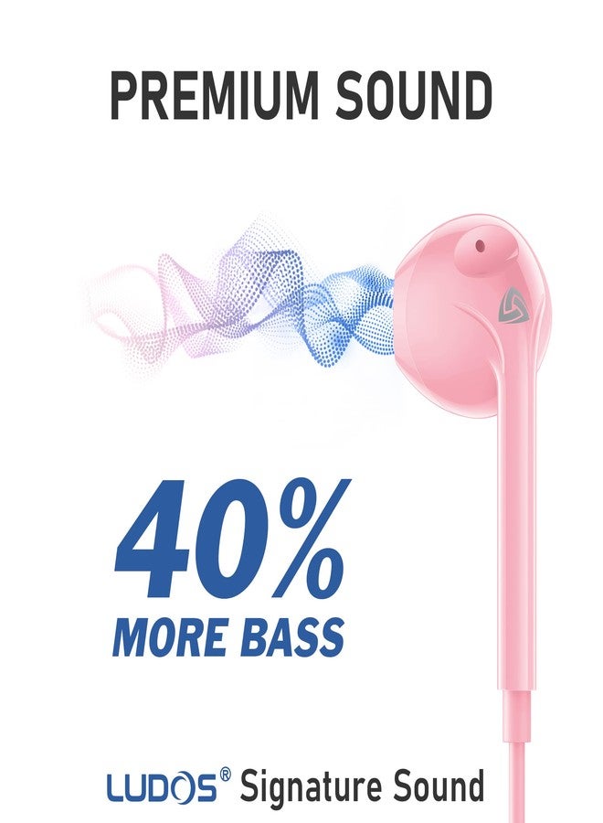 LUDOS Zenith Earphones, 2-Year Warranty, Wired In-Ear Earphones, Headphones with Microphone, Compatible with Samsung, Huawei, iPhone, MP3 Players and Tablets - Pink - Image 3