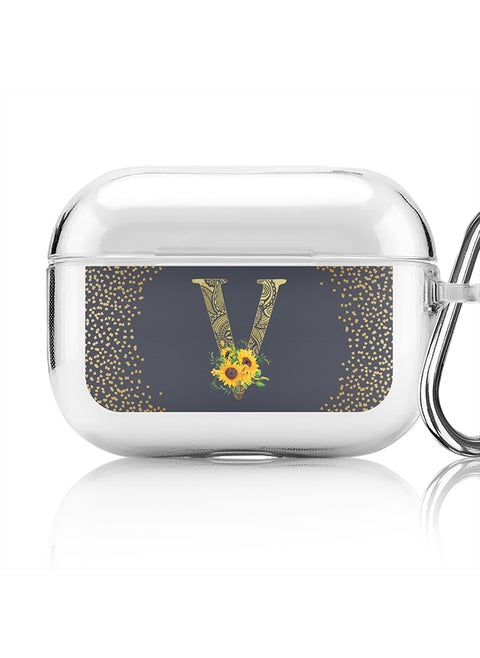 Classic Clear printed Case for Apple Airpods Pro Soft TPU Gel Thin Transparent Flexible Cover - Custom Monogram Initial Letter Mandala Floral Pattern Alphabet - V (Grey )