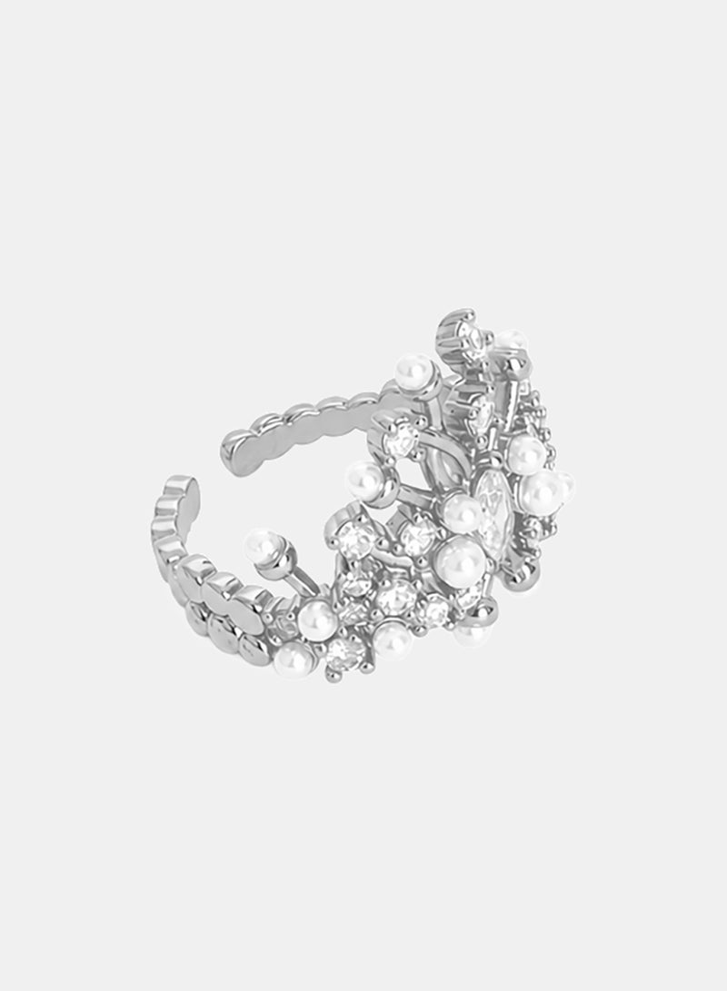 Akher el Ankoud Women'S Open Adjustable Ring With A Snowflake Or Delicate Branch Design, Set With Zircon Stones And Pearls - Image 1